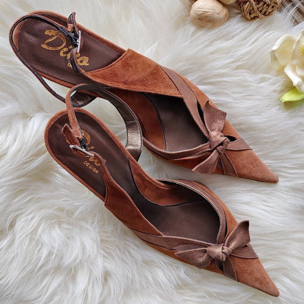 NWOT Brown Suede with Copper Leather Pointed-Toe Slingback Pumps (38EU)